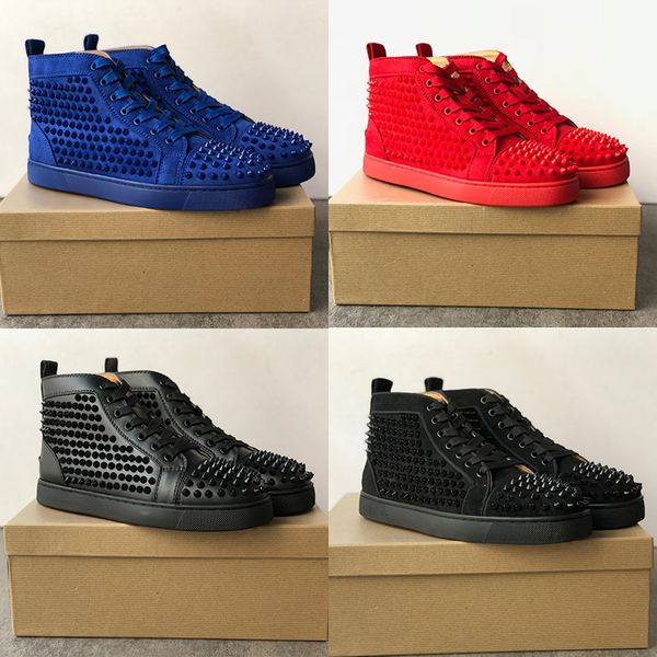 

men high shoes junior suede studded spikes red bottom sneakers women silver spiked flat trainers genuine leather suede runner shoes, Black