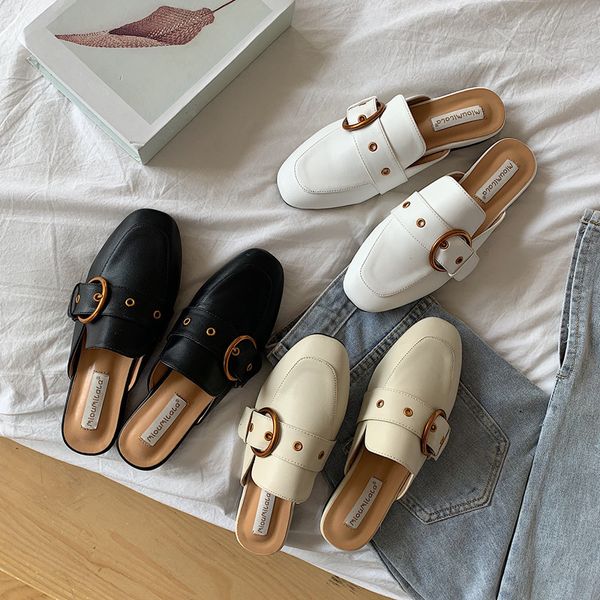 

square heel female shoes med ladies' slippers slides loafers block 2020 rubber fabric round toe pu hoof heels, Black