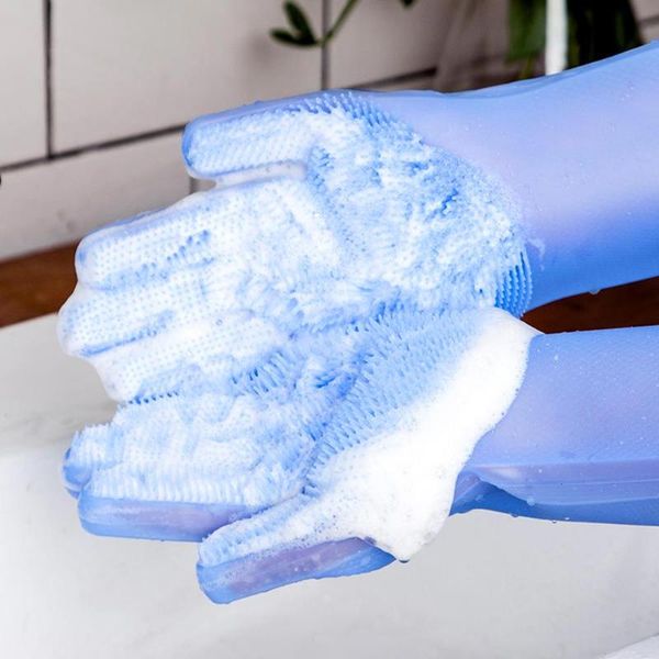 

1pair silicone cleaning gloves blue dish washing gloves multifunction cleaning glove with brush household tools