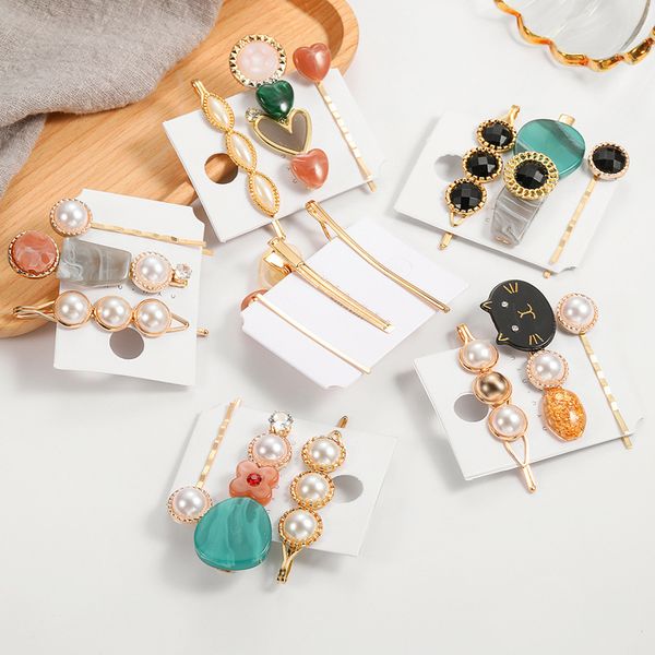 

3-pcs set fashion retro crystal pearl hair clip acetate hair pins for women accessories hairpin barrette clip jewelry, Golden;white