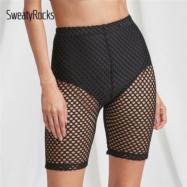 

sweatyrocks black high rise fishnet short legging knee length pants fashion women sweatpants athleisure workout leggings