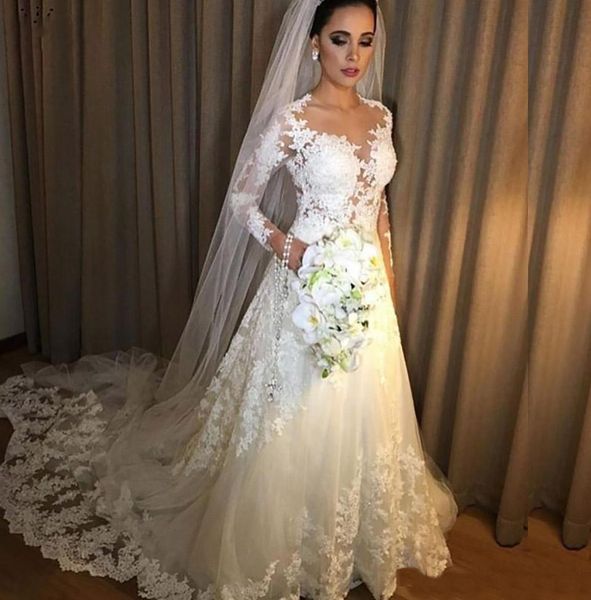 

setwell jewel sheer neck a-line wedding dresses long sleeves illusion lace appliques floor length bridal gowns, White