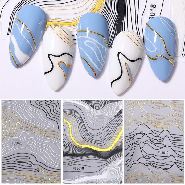 

3d nail marble geometric stickers adhesive decals 3d gold black lines wave tape for nail art decor foils diy accessories