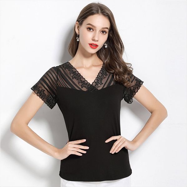 

полые кружева базы рубашку женского жилет кружева женщин жилет красивой задней верхней упругой полосой v-образным вырезом короткими рукавами, White