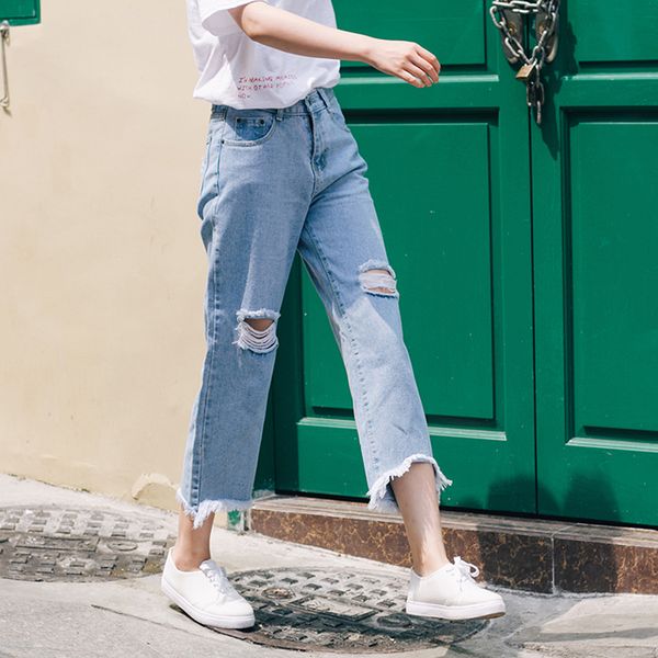 

hole jeans women apring summer ankle-length pants 2019 new high waist loose straight pants jeans female casual woemn ldl77, Blue