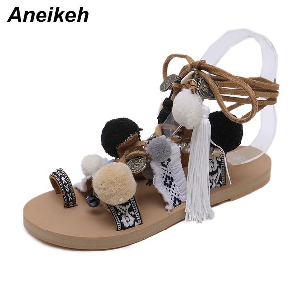 

aneikeh bohemia style fringed pompoms lady gladiator fringed sandals shoes cross strap tie up women flats sandals size 35-40, Black
