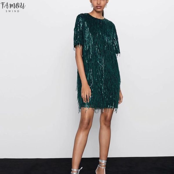 

women dress 2020 shiny fringed bright chic lady green black streetwear mini club party dress, Black;gray