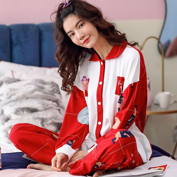 

cotton long sleeve pajamas suit autumn warm cartoon sweet sleepwear nightwear girl print lingerie sleep set, Black;red