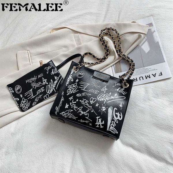 

graffiti chain crossbody bag lady casual large capacity tote handbags with mini purse women letters pu bag set