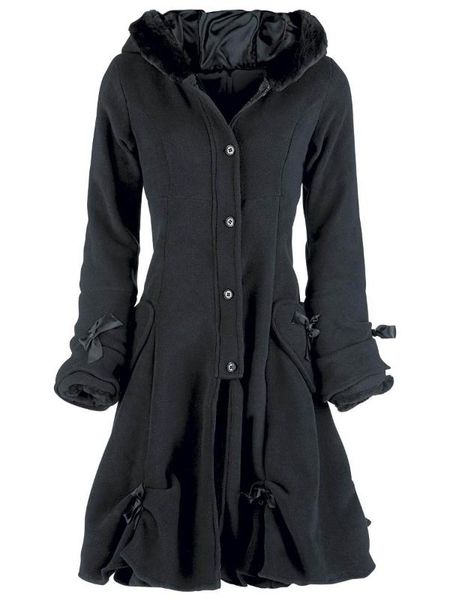 

женщины зимнее пальто теплота флис повседневная черное пальто готические дамы с капюшоном верхняя одежда карман зашнуровать женская мода дли, Black