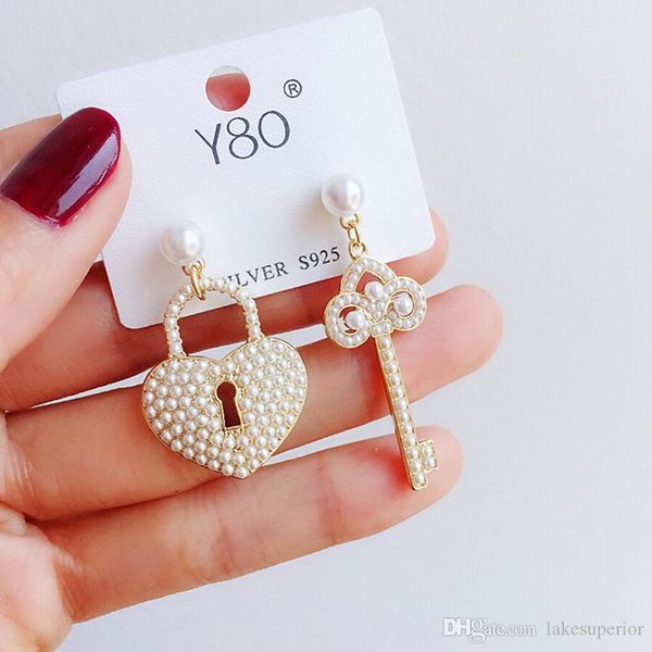 

новое прибытие сердце замокли ключ серьги стержня женщина pearl key lock серьга подарки для любви подруги мода ювелирных изделий высокого ка, Golden;silver