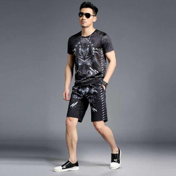 

men's designer casual suits summer personality print t-shirt trend five minutes pants shirt baggy shorts fashion two-piece sale, Gray