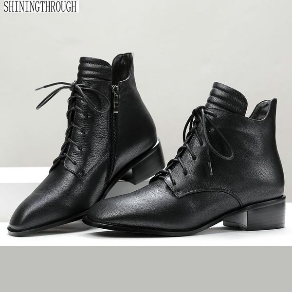 

genuine leather women ankle boots med heels lace up ladies boots party night club ladies shoes woman size 41 42 43, Black