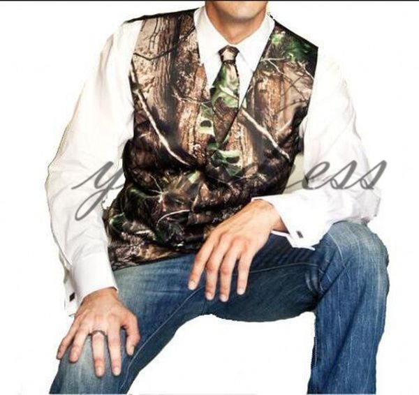 Новые Реальные Camo свадебные Жилеты 2019 Groom Vest ствол дерева листья Весна Камуфляж Slim Fit Мужские жилеты 2 шт комплект (жилет + Tie)