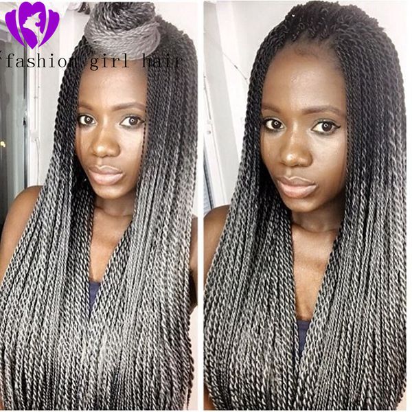 26 polegadas perucas dianteiras de renda sintética para mulheres negras crochet tranças torcer dianteira longa ombre cabelo cinza