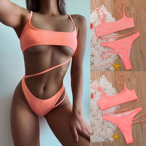 

bikini 2020 solid swimsuit women swimwear summer beach womens swim solid strappy bandage high waist swimsuit push up bikini set, White;black