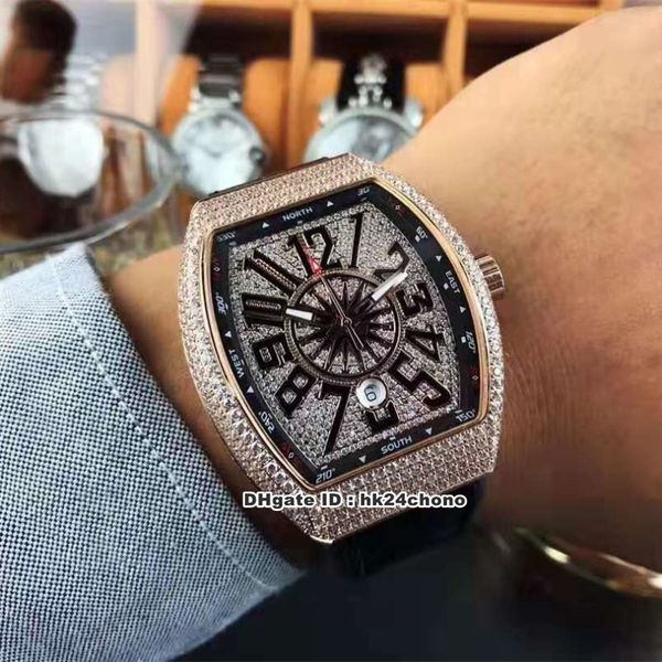 

2 styles luxury watches vanguard rose gold full diamonds automatic mens watch v 45 sc dt dense diamond dial leather strap gents wristwatches, Slivery;brown