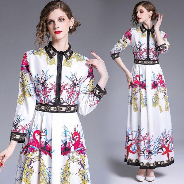 

winter floral print casual dress long sleeve women spring autumn runway luxury elegant ladies party pleated plus size dresses, Black;gray