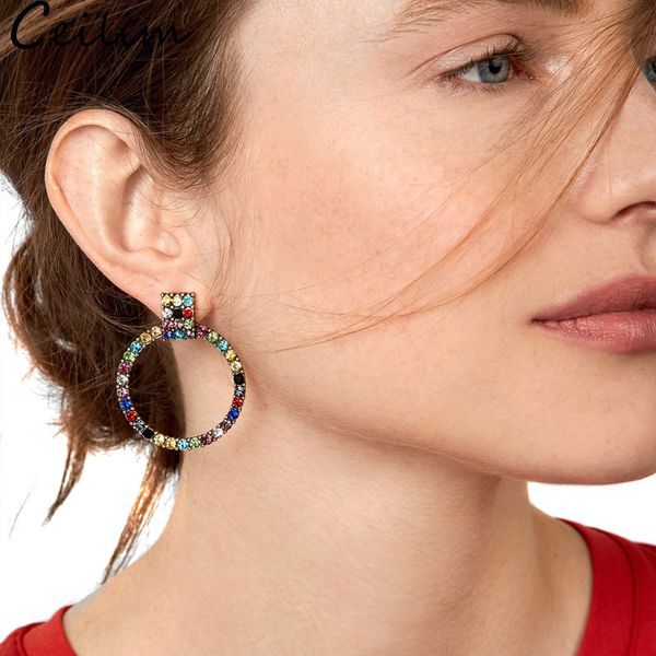 

2019 new arrival crystal hoop earrings vintage colorful shining rhinestone geometric hoop earring for lady women design jewelry wholesale, Golden;silver