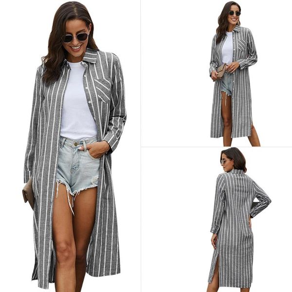 

2020 spring new long coat women turn-down collar long twotwinstyle striped single breasted womens and blouses, Tan;black