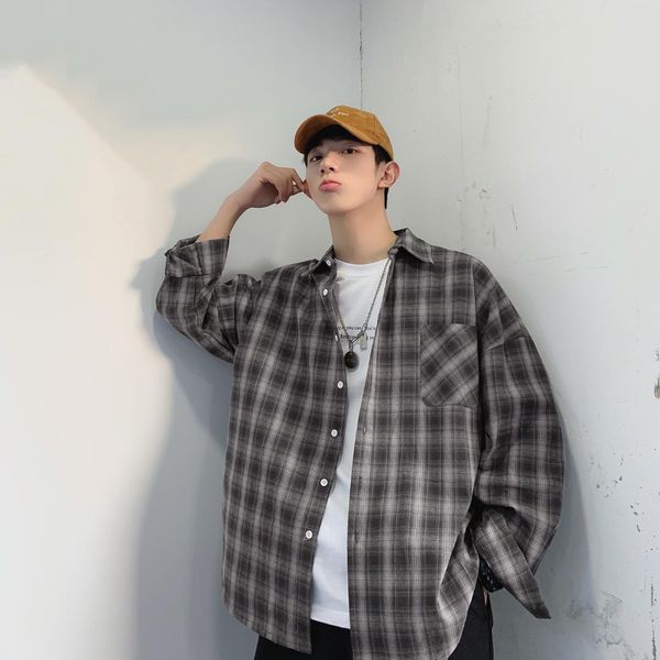 

2019 back to school korean style oversize casual japanese streetwear long sleeve plaid shirt men, White;black