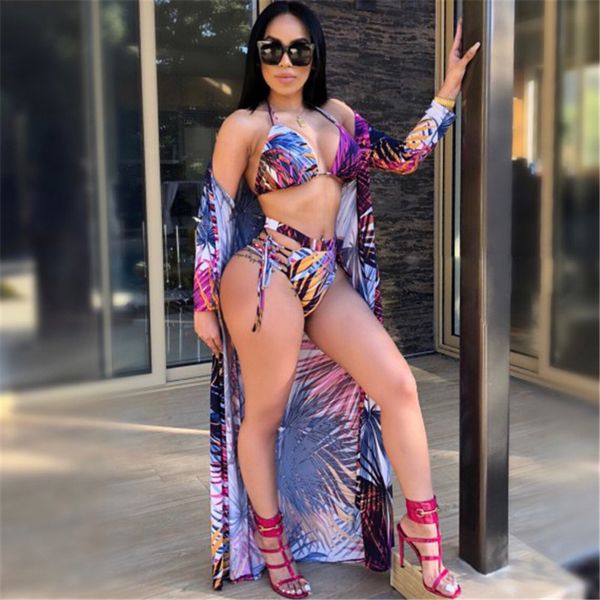 

beach dress summer women 2019 floral print three picec set women halter crop + waist band cut out long dress, White