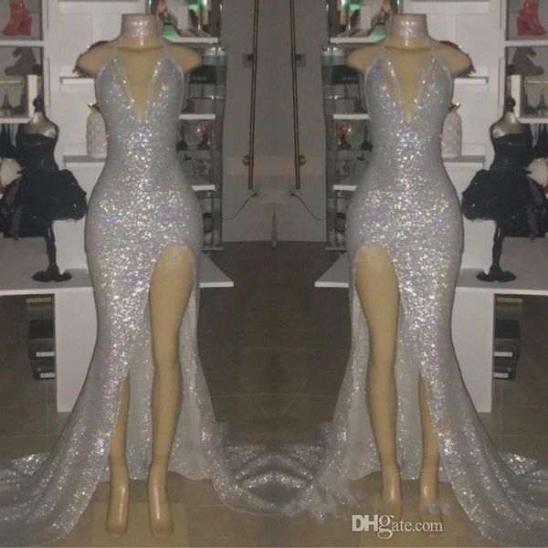 

Sexy Silver V-образным вырезом без рукавов Русалка длинные платья выпускного вечера 2019