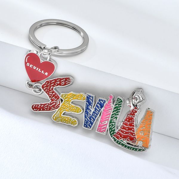 

vicney new seville letter keychain heart shape spain red girl key chain love sevilla trendy car bag keyring souvenir for women, Silver