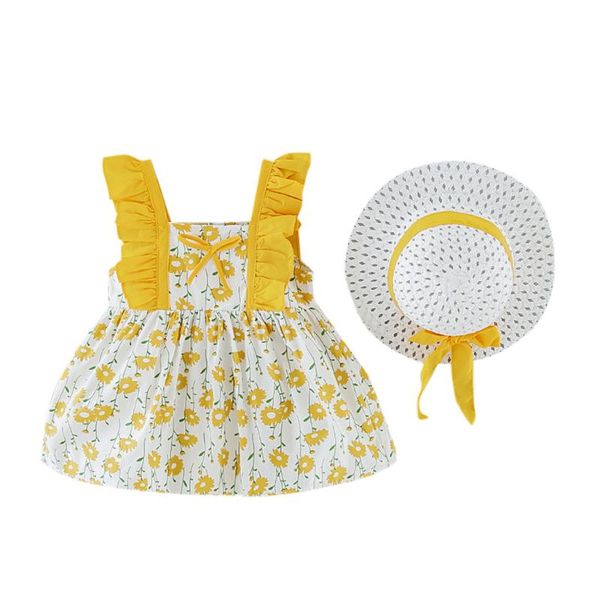 

toddler baby girls ruffle sleeve floral print princess dress+hat outfits set, White