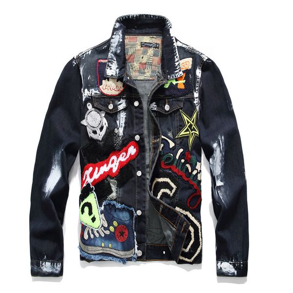

black men's fashion denim jackets punk skull embroidery painted jeans jackets mens streetwear coat, Black;brown