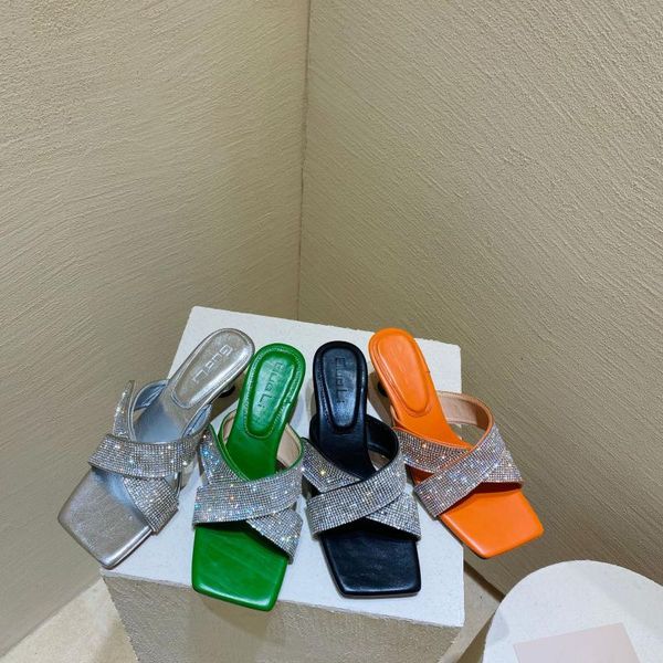 

square heel shoes ladies' slippers women heels glitter slides pantofle fashion block high jelly 2020 thin transparent flat, Black