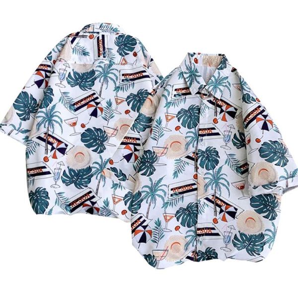 

summer men coconut tree turndown collar half sleeve button up loose beach blouse shirt, White;black