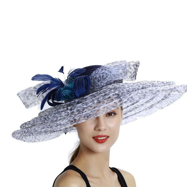 

satin hats feather dress hat hats with flower s10-2927, Blue;gray