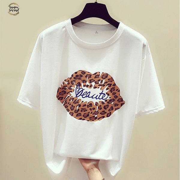 

leopard поцелуй печати дама 2019 весна лето хлопок футболка с коротким рукавом femme творческого tee tops вокруг шее сыпучих майки, White