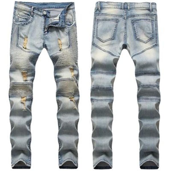 Homem fold jeans rasgado moda primavera quente vender novos buracos azuis elásticos slim street denim calças vestuário casual lápis macho macho calças