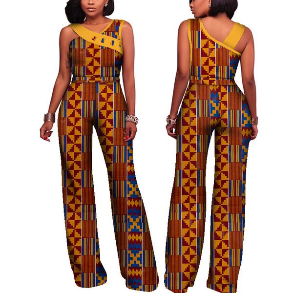 

fashion women jumpsuits african clothes african wax print bazin riche cotton sleeveless wide leg pants lady long romper wy4347, Red