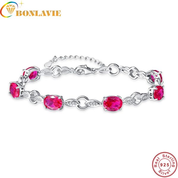 

bonlavie 925 sterling silver bracelet for women with 6 created ruby wedding party s925 silver for lady nice women bracelet, Golden;silver