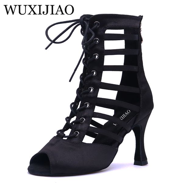 

wuxijiao latin dance shoes women satin bronze black wide thin high heel 9cm salsa perform ance ballroom dancing shoes