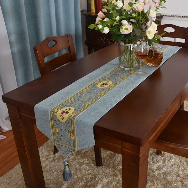

table cloth chinese runner fabric blue modern simple tassels tassel living room strip style solid color custom