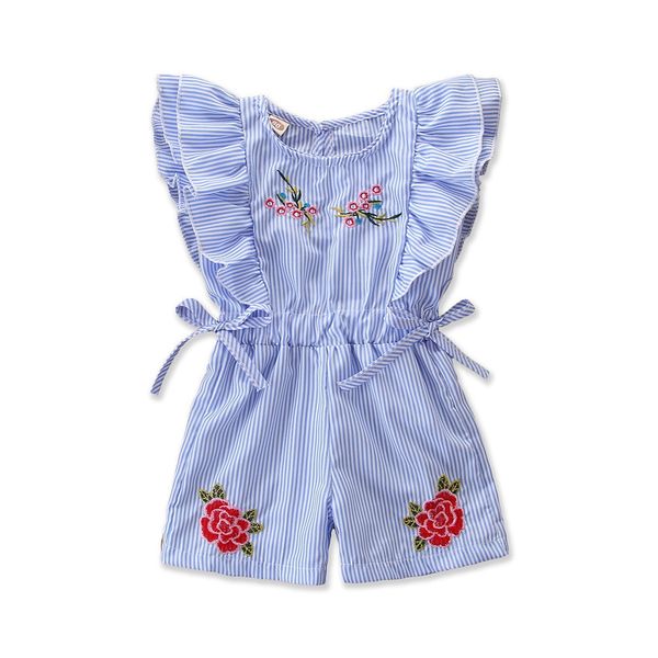 

2018 fashion cute toddler kids baby girl summer romper flower striped ruffle romper embroidery flower summer blue lace-up jumpsuit clothes