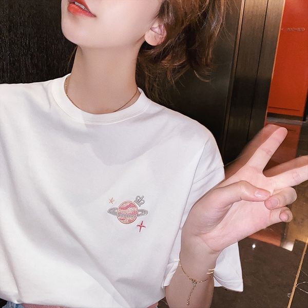 

9933 loose and simple embroidery versatile short-sleeved t-shirt 9933 loose and simple embroidery versatile short-sleeved t-shirt, White
