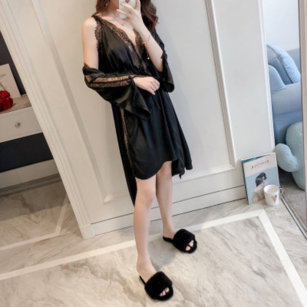 

luxury women silk robe and gown set lace trim backless night dress and knee length robe 2pcs night suit sleepwear home wear, Black;red