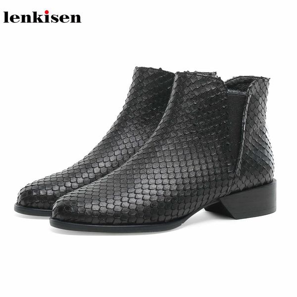 

lenkisen design chic genuine leather med heels round toe comfortable casual black color winter women big size ankle boots l6f2