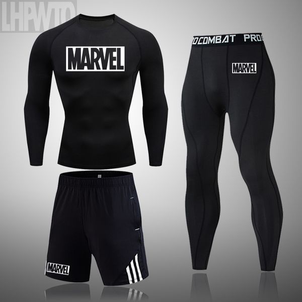 

2020 marvel men's running set compression sports suits skinny tights clothes gym fitness sportswear t-shirt quick dry, Black;blue