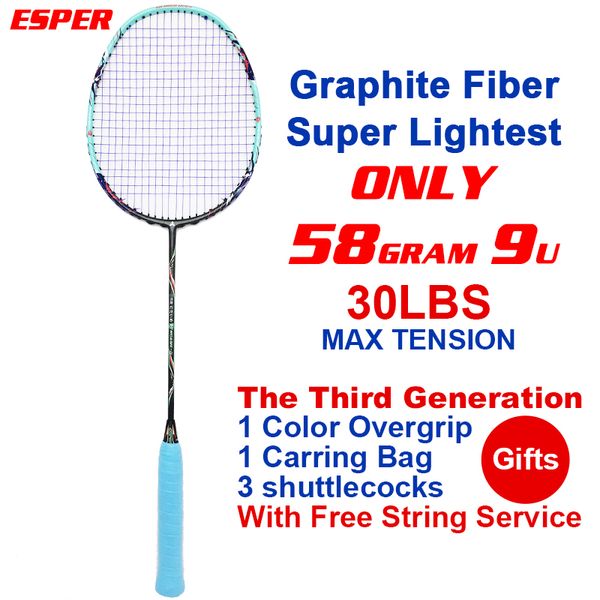 

esper 58gram badminton racket lightweight carbon fiber 9u graphite professional racquet with string up 30lbs with shuttlecocks