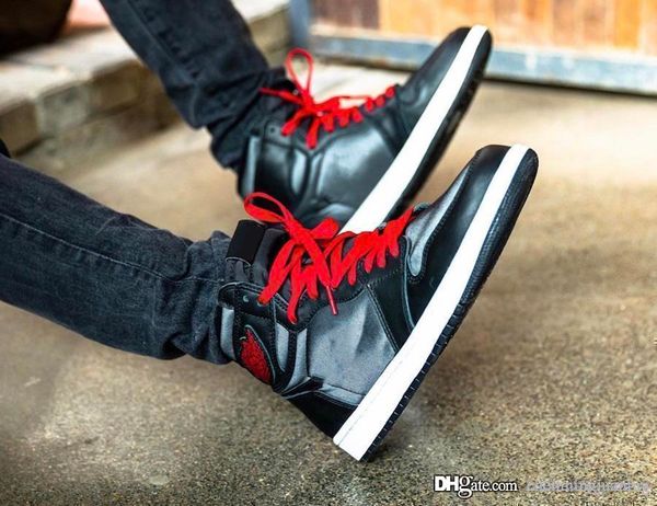 

authentic air 1 high og black satin men basketball shoes gym red-black-white reflective retro sports sneakers 555088-060 with box