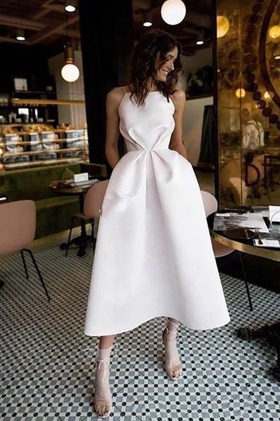 

short wedding dresses 2020 spaghetti straps robe de mariage satin bridal dress elegant half-calf wedding gown, White