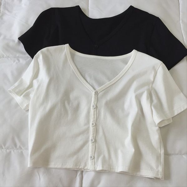 

2020 большой v-образным вырезом с коротким белых t- женщин чистого хлопка тонкий рыхлый зонтик сплошной цвет база верхней футболка рубашка, White