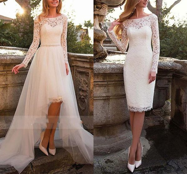 Abiti da sposa da spiaggia in pizzo a maniche lunghe trasparenti con strascico staccabile Fusciacche in cristallo Corsetto senza schienale Abiti da sposa Abiti da sposa