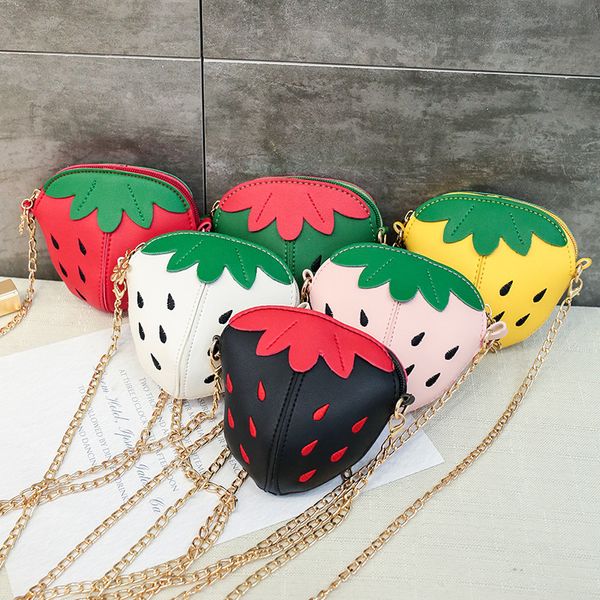 

lovely children girls pu leather shoulder bag cute strawberry chain baby crossbody bags kids gift small coin pouch money holder, White